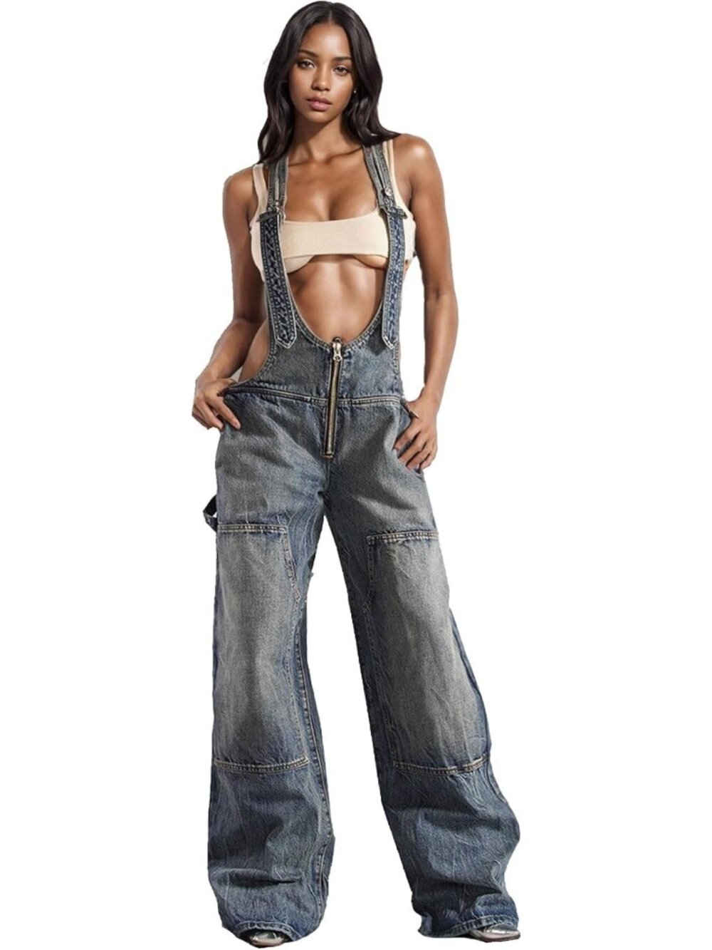 Stylish Women's Wide Leg Denim Overalls with Adjustable Straps & Cargo Pockets